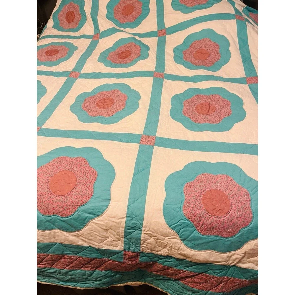 Antique grandmothers flower handmade  quilt pink and teal full queen